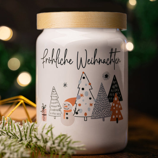 Keksdose "Fröhliche Weihnachten" mit Tannenbäumen und Schneemann