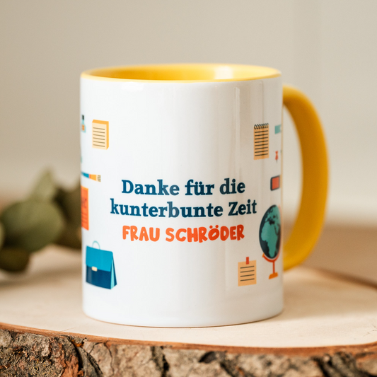 Bunte Keramik Tasse "Danke für die kunterbunte Zeit" - mit Wunschname