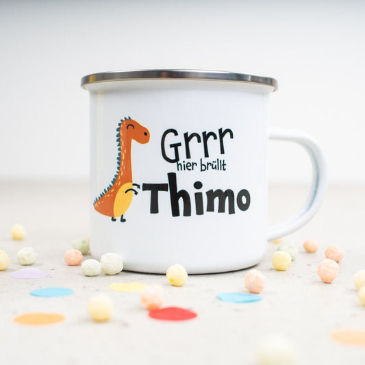 Emaille Tasse "Hier brüllt" - mit Wunschname