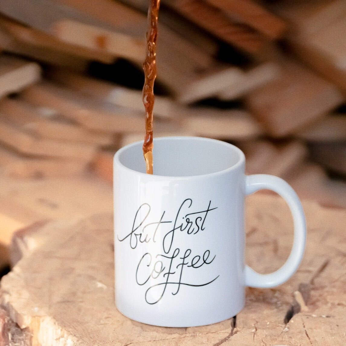 Keramik Tasse „but first coffee“