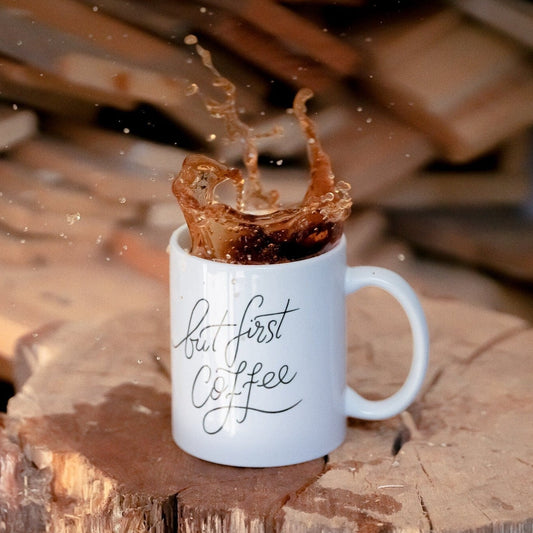 Keramik Tasse „but first coffee“